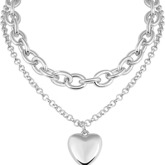 Chunky Gold Necklace Heart Pendant 14k Gold Plated Thick Chain Multilayer Neckla - Picture 1 of 6
